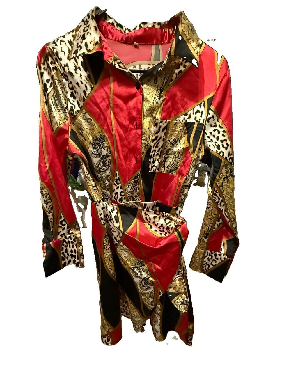 Belted Baroque Animal Print Shirt Wrap Dress Med Boho Cruise Party